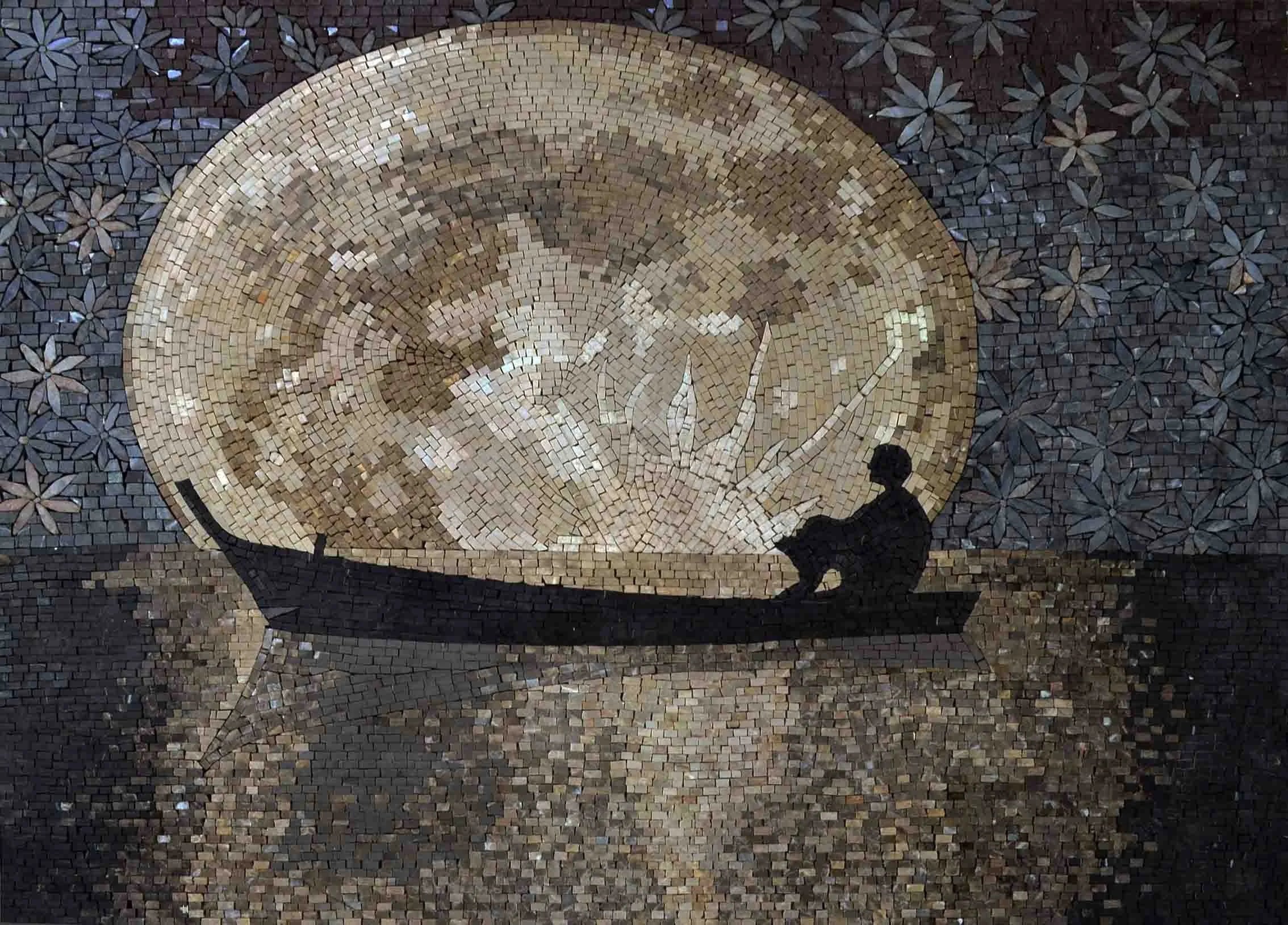 Ornate Moon Boat Scene - Marble Mosaic Art Designs Full Handmade Artwork - Mesh Backing