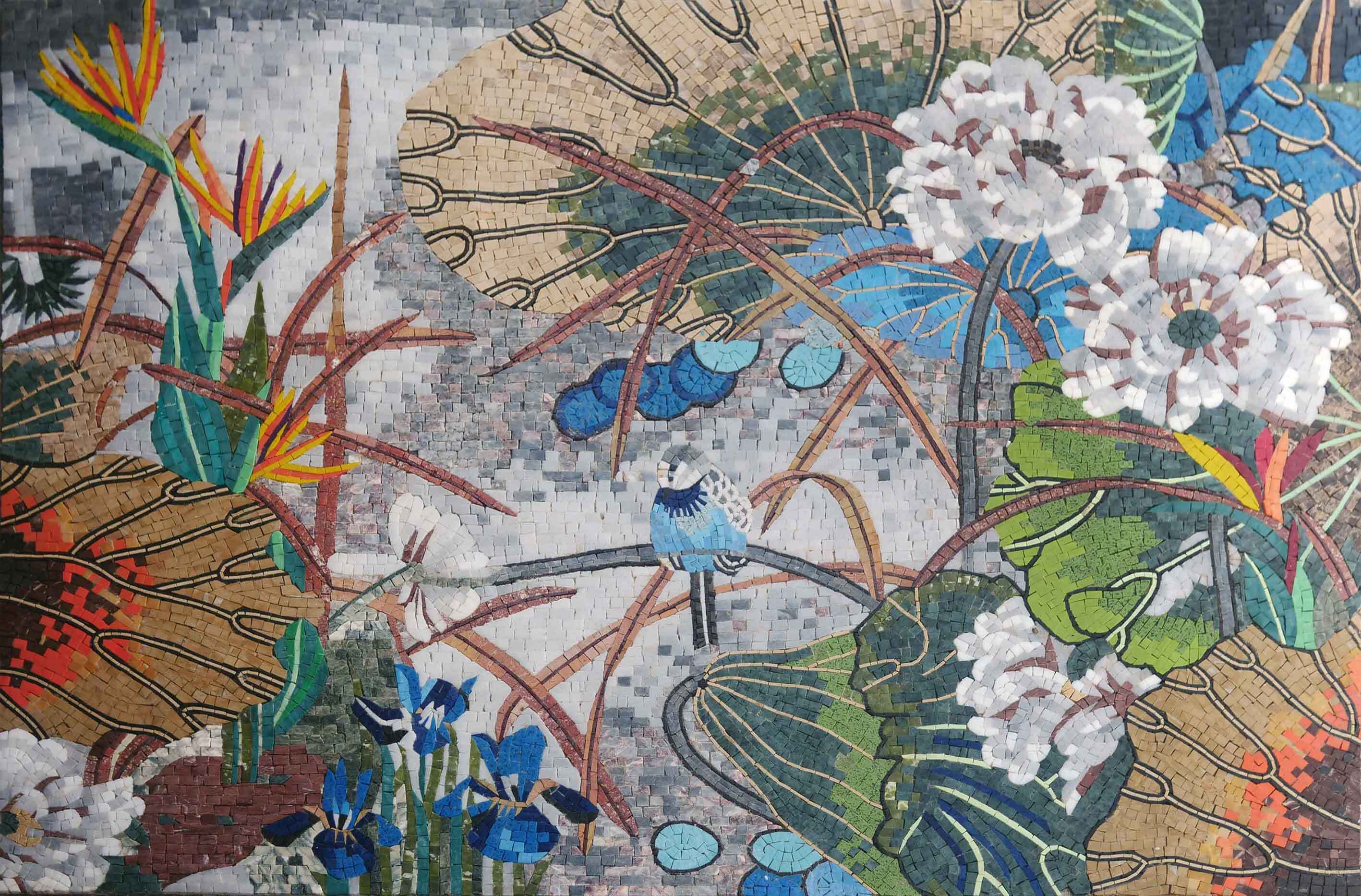 Floral Bird Scene - Marble Mosaic Portrait Landscape Art - Mesh Backing