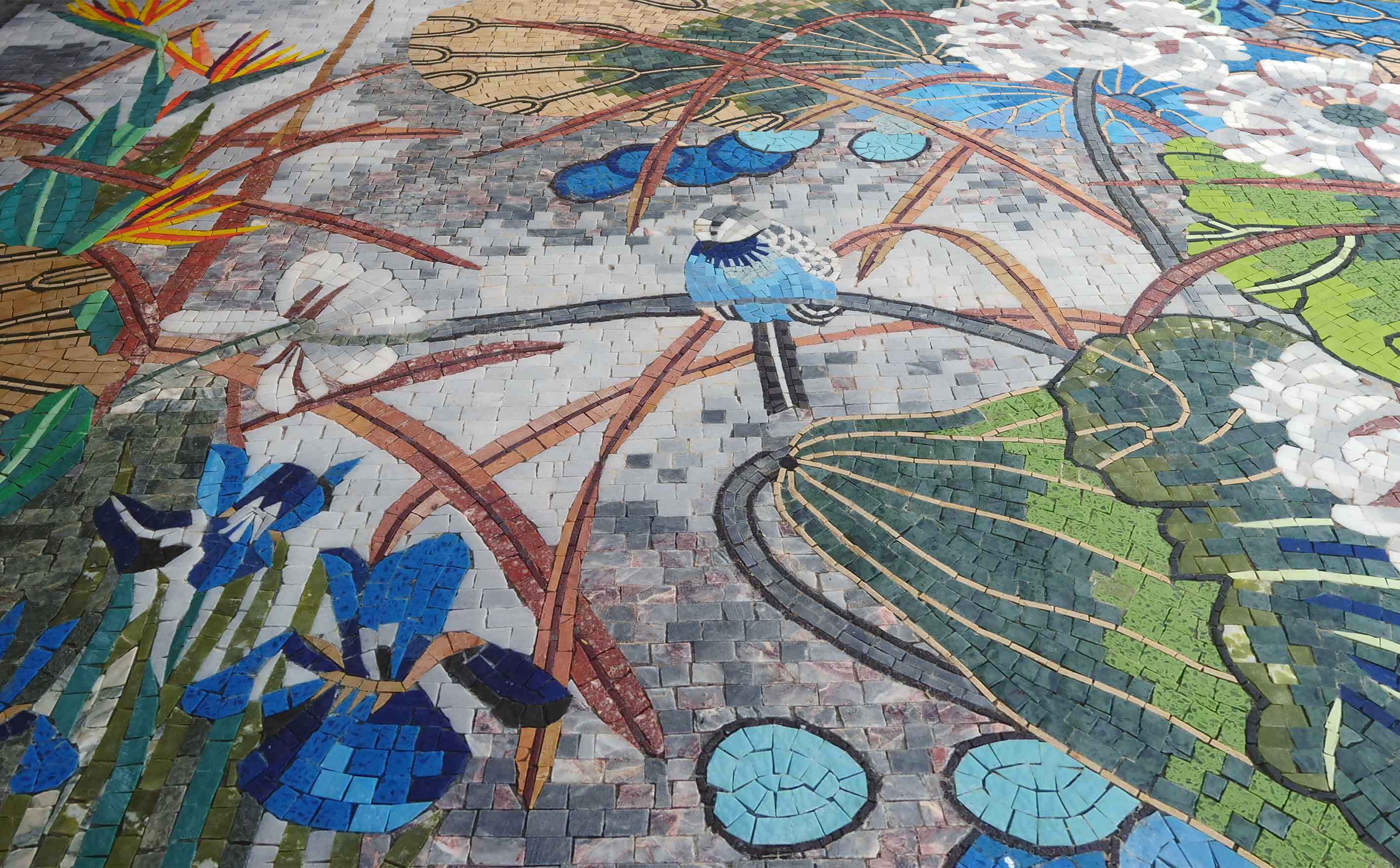 Floral Bird Scene - Marble Mosaic Portrait Landscape Art - Mesh Backing - Image 2
