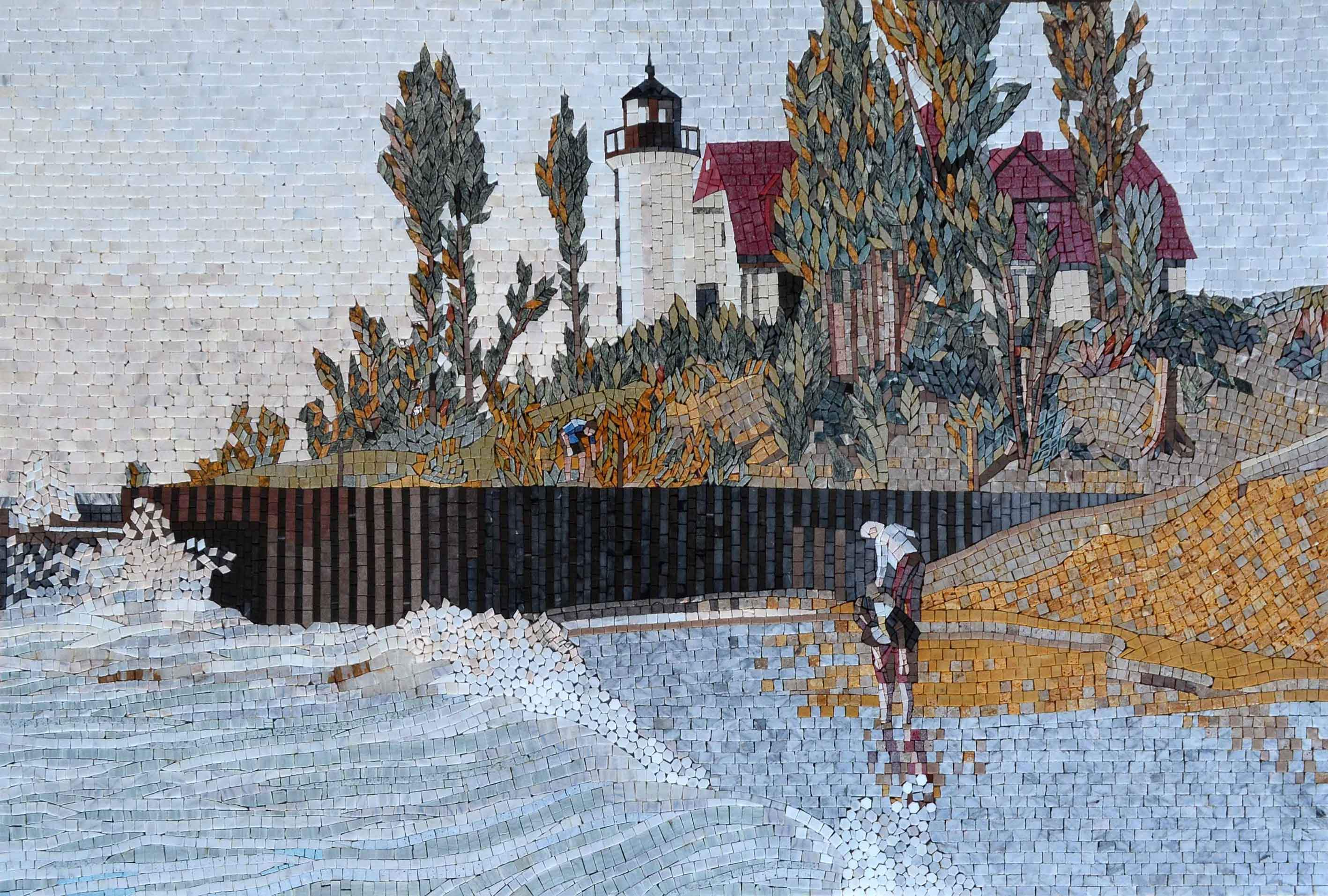 Lighthouse Seascape - Marble Home Remodeling Mosaic Reproduction - Mesh Backing