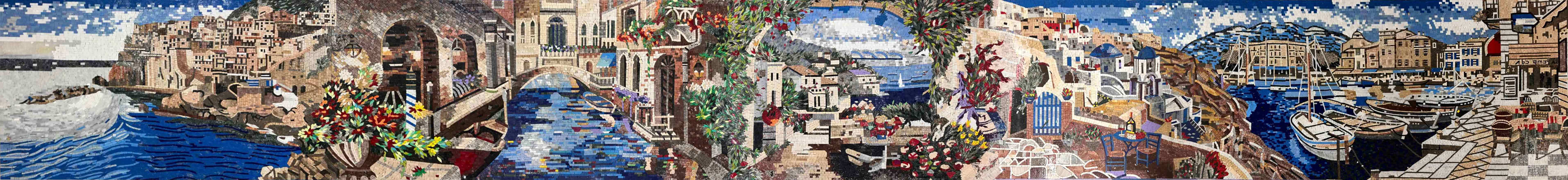 Coastal Town Vista - Marble Greek Mosaic Scenery - Mesh Backing