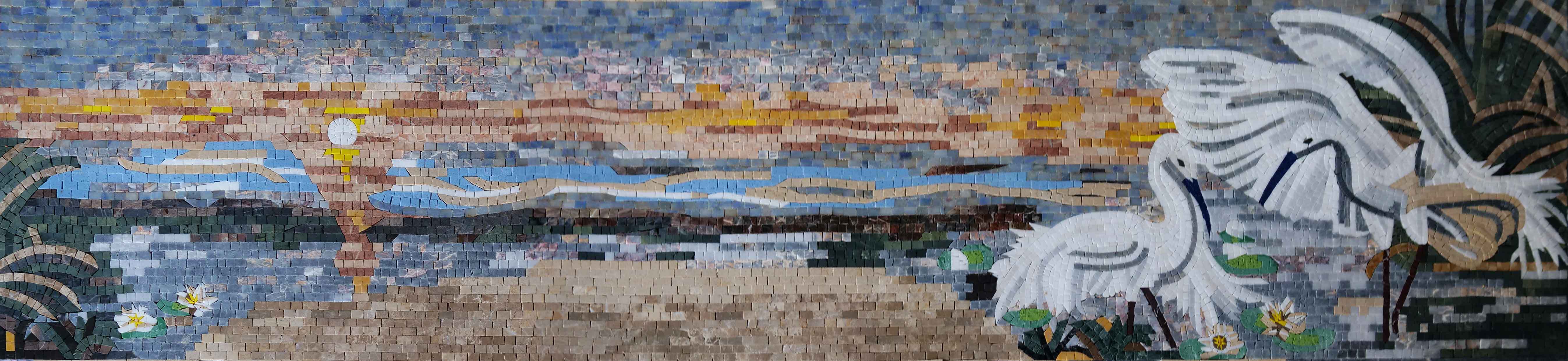 Geometric Birds Scene - Mosaic Tile Designs Sunset Art - Mesh Backing