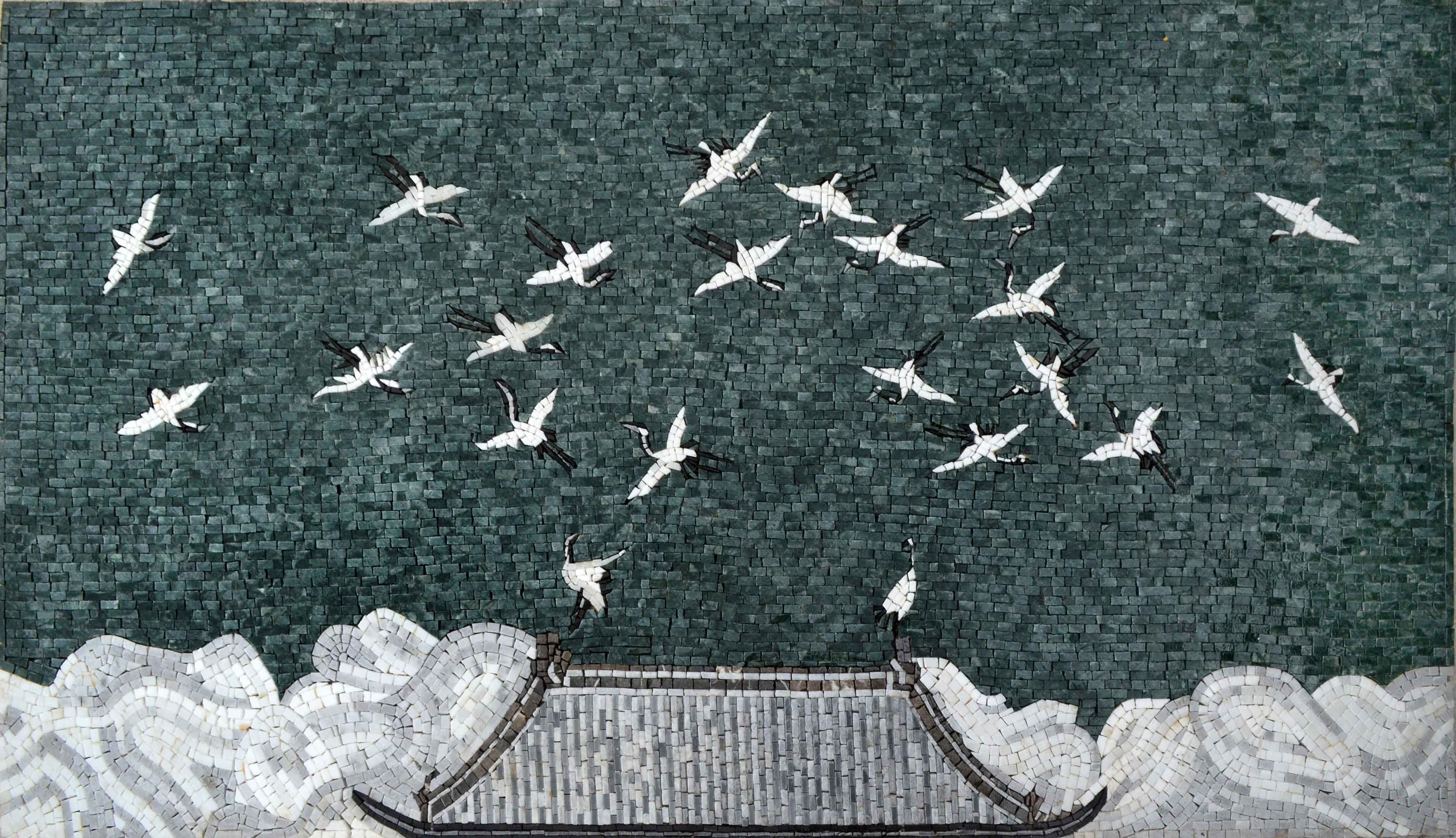 Elegant Cranes Flight - Marble Mosaic Wall Art Pigeons - Mesh Backing