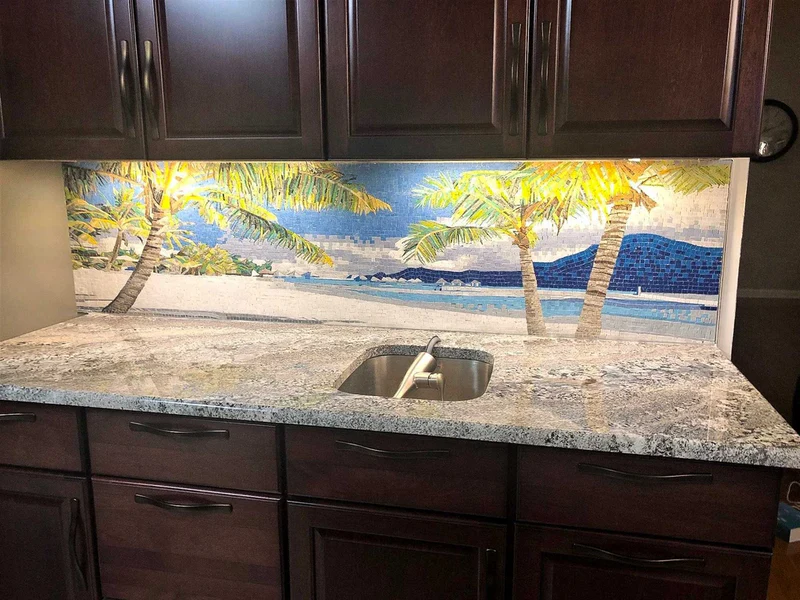 Palm Trees Beach Scene - Home Renovations Mosaic Tile Art Luxury Handcrafted Natural Stone - Mesh Backing - Image 4