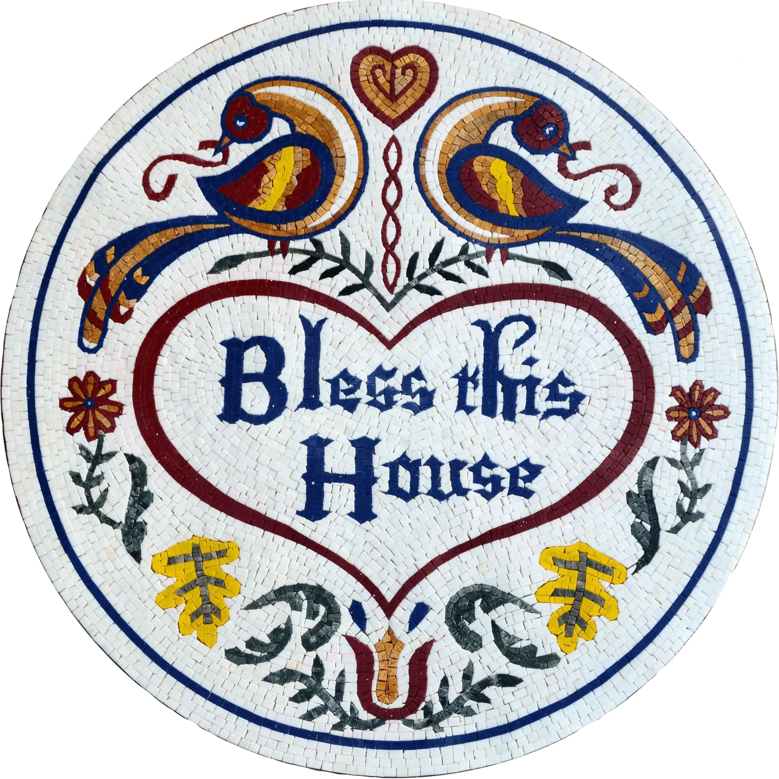 Elegant Bird Pair - Marble Mosaic Medallion Home Blessing - Mesh Backing